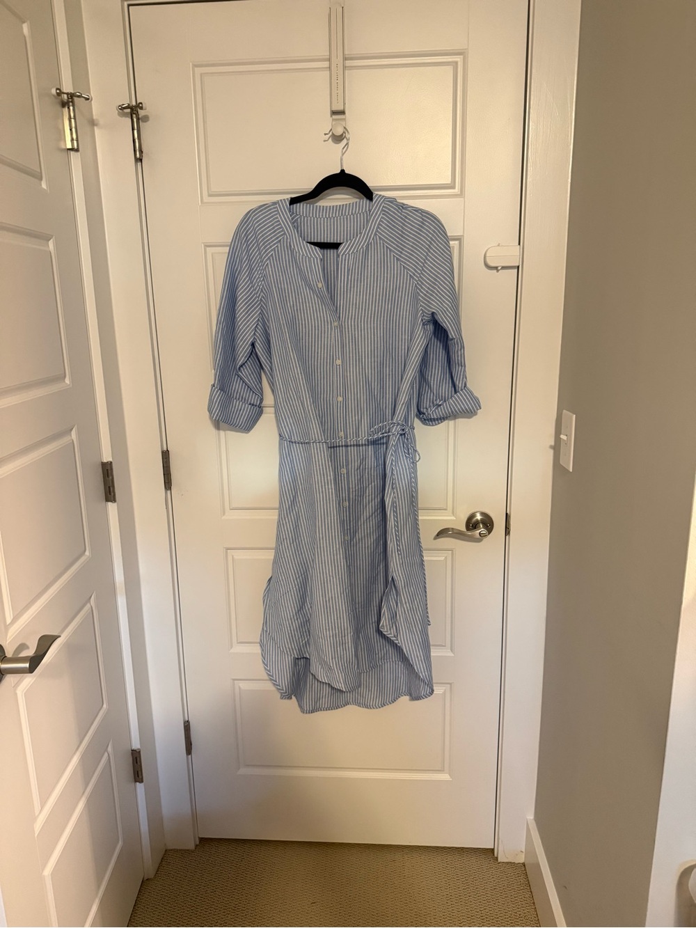 LOFT Striped Blue Shirt Dress with Waist Tie